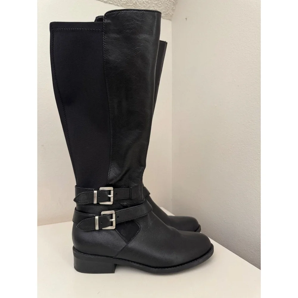 Me Too Denver Black Leather Tall Equestrian Western Buckle Boots Womens 7.5M